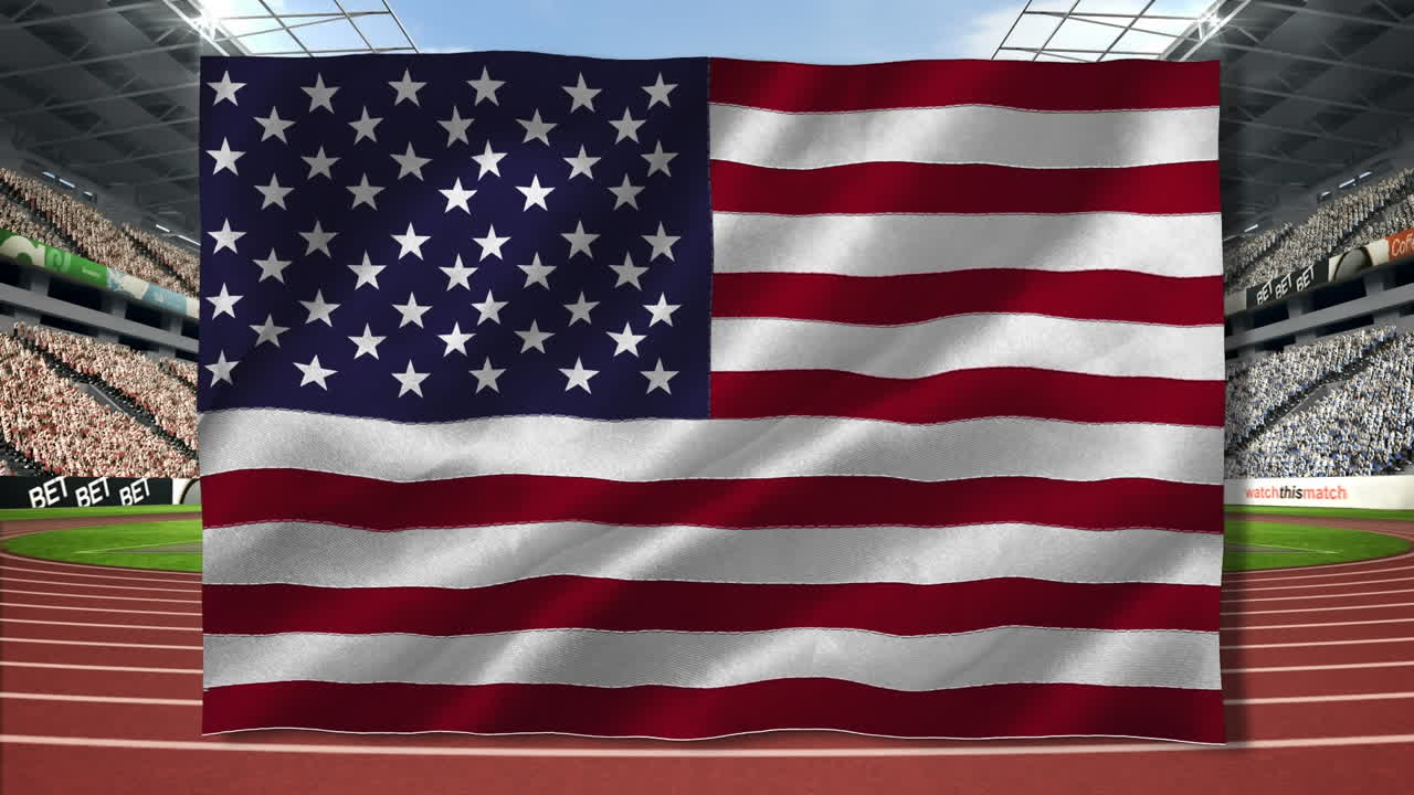 Komposition af viftende amerikansk flag over stadion