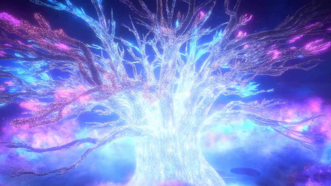 Albero luminoso e splendente nella nebbia cosmica, rami bioluminescenti pulsano con luce blu e rosa