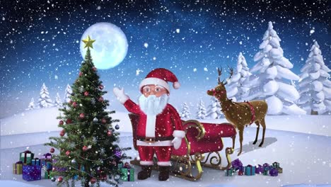 Snow-falling-over-santa-claus-waving,-christmas-tree-and-christmas-gifts-on-winter-landscape