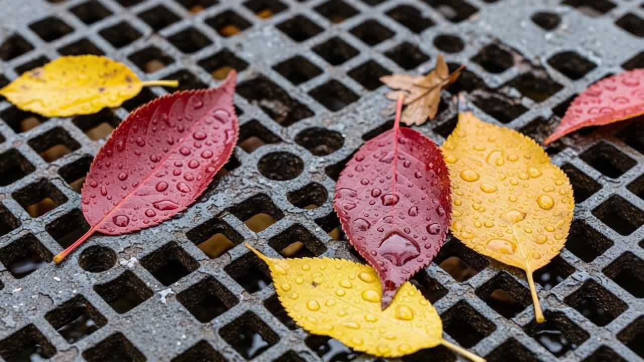 A Captivating Close-Up of Colorful Autumn Leaves Adorned with Raindrops Nestled on a Textured Grate, Showcasing Nature's Beauty in the Fall Season