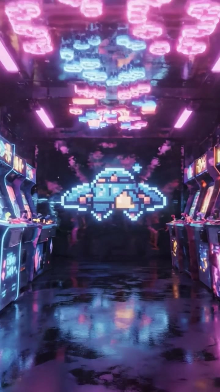 Sala Giochi Neon Vibrante: Un Viaggio Attraverso la Cultura del Retrogaming con Accattivante Pixel Art e Luci Abbaglianti che si Riflettono su Pavimenti Lucidi