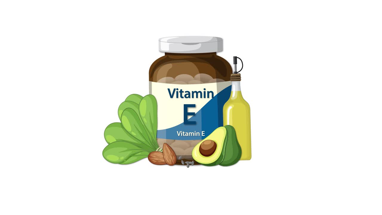 Vitamin E bottle with spinach, avocado, nuts, and oil appears on white background, smooth transition