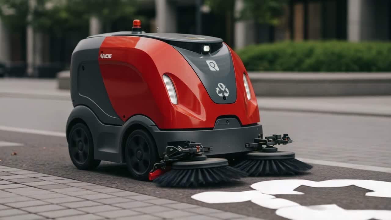 Automated Street Cleaning Robot in Action: A High-Tech Solution for Urban Cleanliness and Maintenance, Showcasing Efficiency and Innovation in Modern City Management