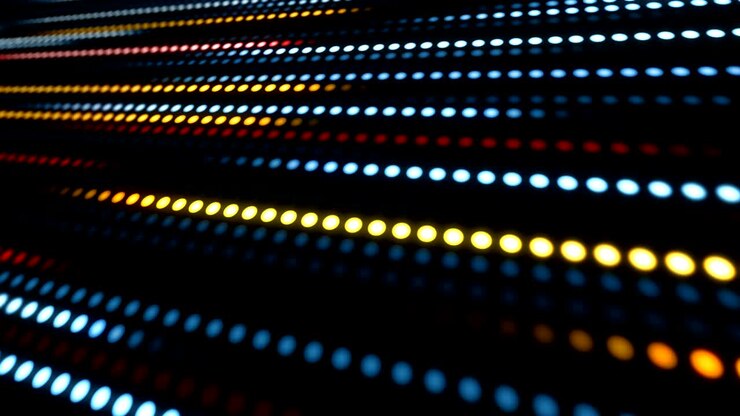 4K. Sfondo astratto di punti luminosi colorati casuali che si muovono sulla linea di vista su sfondo nero