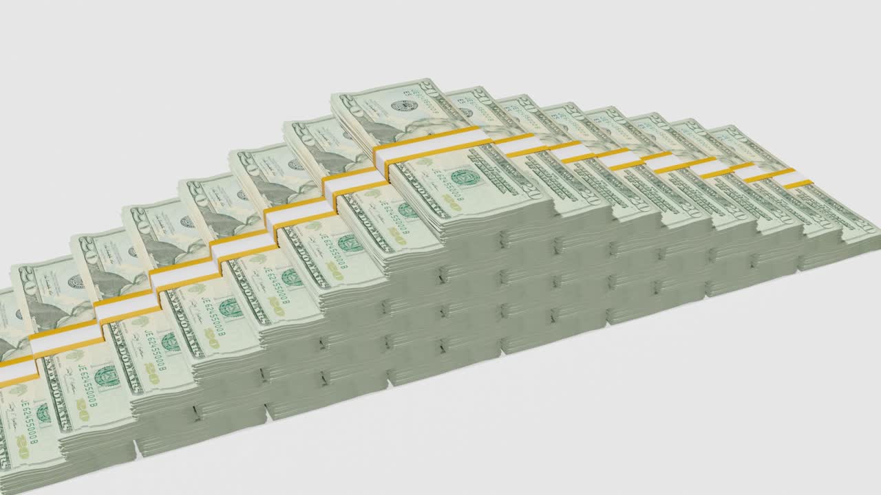 Many wads of money. 20 US dollar banknotes. Stacks of money.