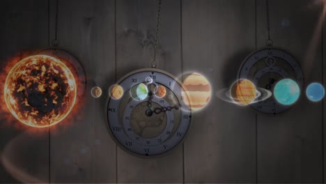 animación de sistemas solares, planetas y espacio sobre relojes que tiquetean