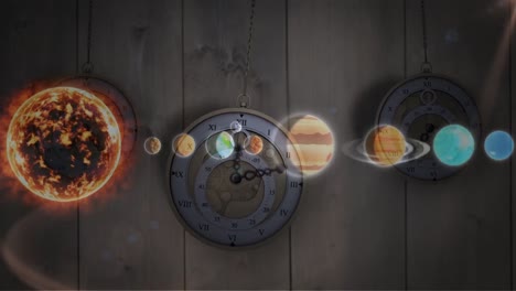 animation of solar systems, planets and space over clocks ticking