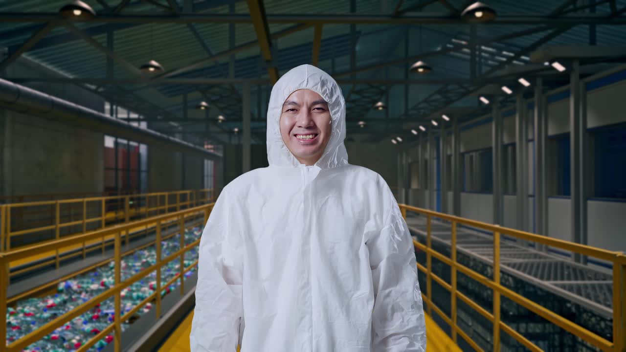 Científico asiático sonriendo, inspeccionando las operaciones de una planta de reciclaje de plástico con una cinta transportadora de botellas.