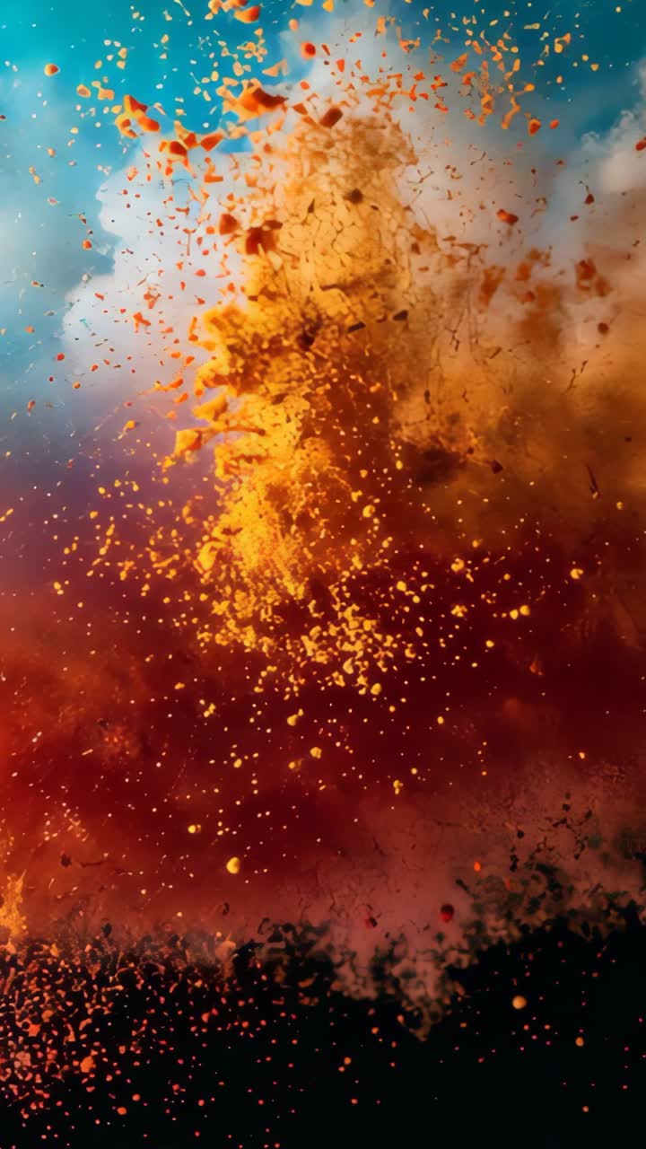 Vertical video: Bright orange powder mound erupting into swirling cloud over ground under blue sky
