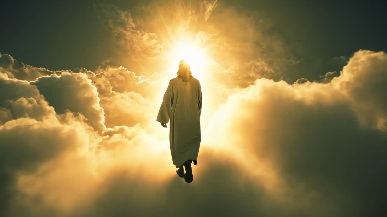 A video still of a divine figure ascending through clouds, captured from a low angle, with a radiant