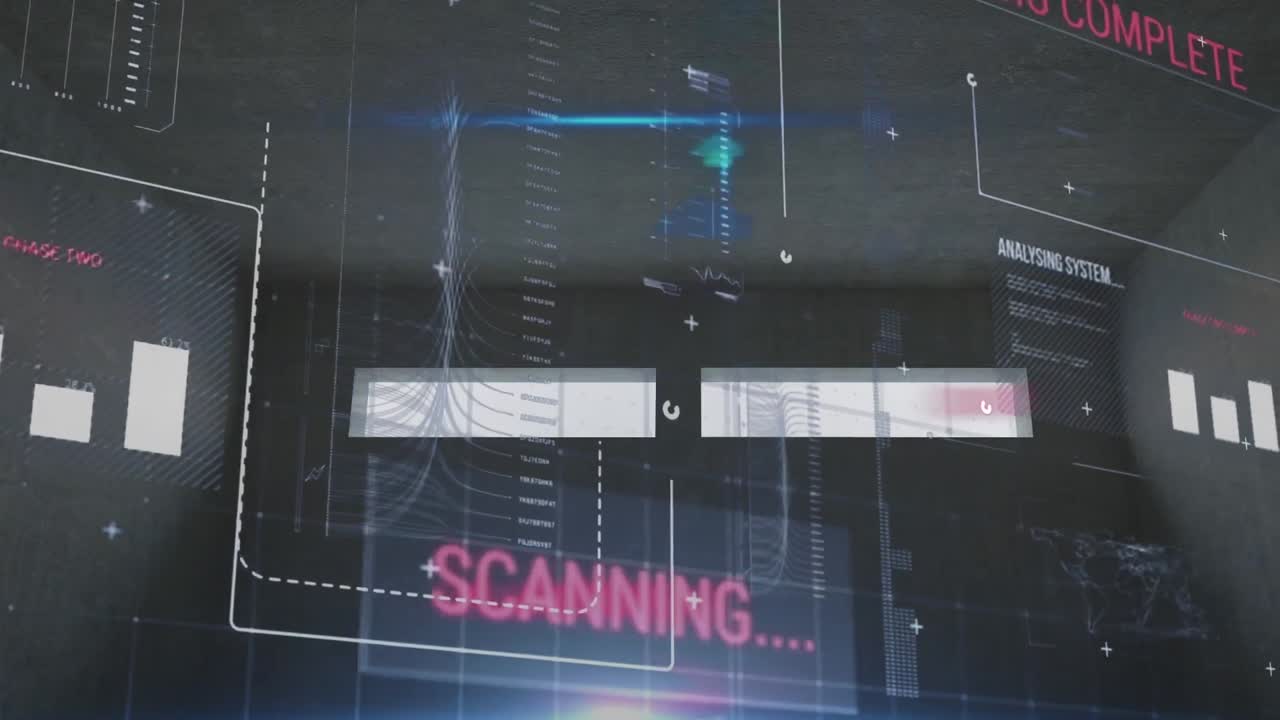 Animation of data processing and statistics on dark background