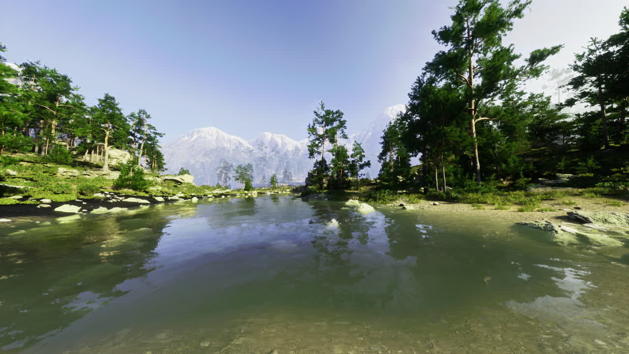 Tranquil lake surrounded by lush greenery and majestic mountains in daylight