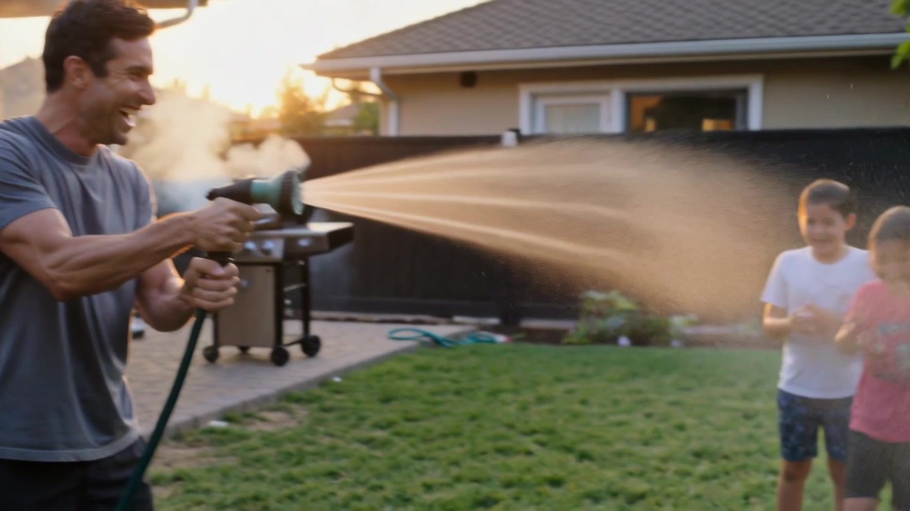 Uomo in pantaloncini e maglietta grigia che spruzza, puntando la canna dell'acqua nel cortile, con un barbecue fumante, rinfrescando i bambini, spazio per il testo