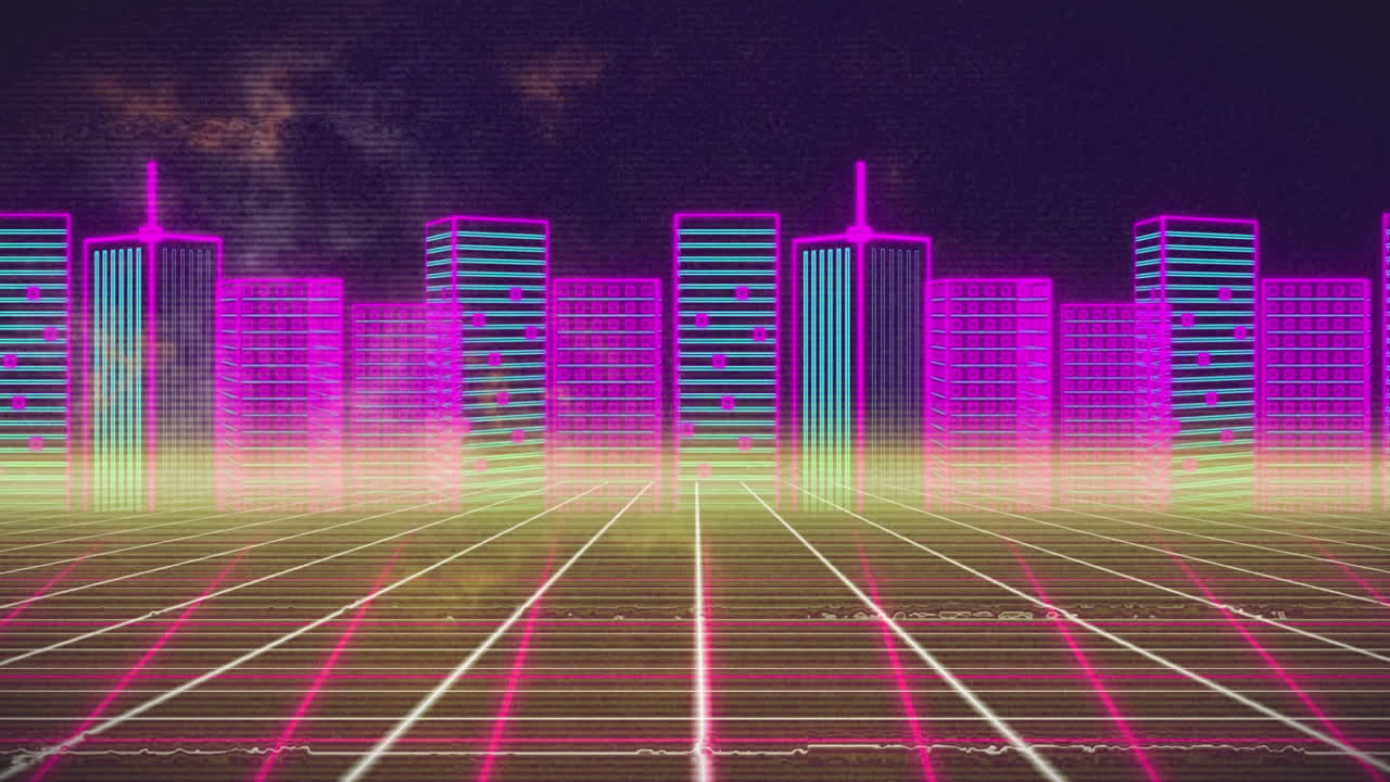 어두운 배경에 그리드 위의 도시 풍경의 애니메이션