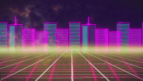 animación del paisaje urbano sobre cuadrícula sobre fondo oscuro