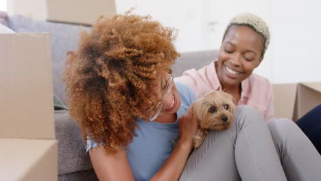 Feliz-Pareja-De-Lesbianas-Femeninas-Diversas-Con-Cajas-Mudándose-De-Casa-Y-Acariciando-A-Un-Perro-En-Cámara-Lenta