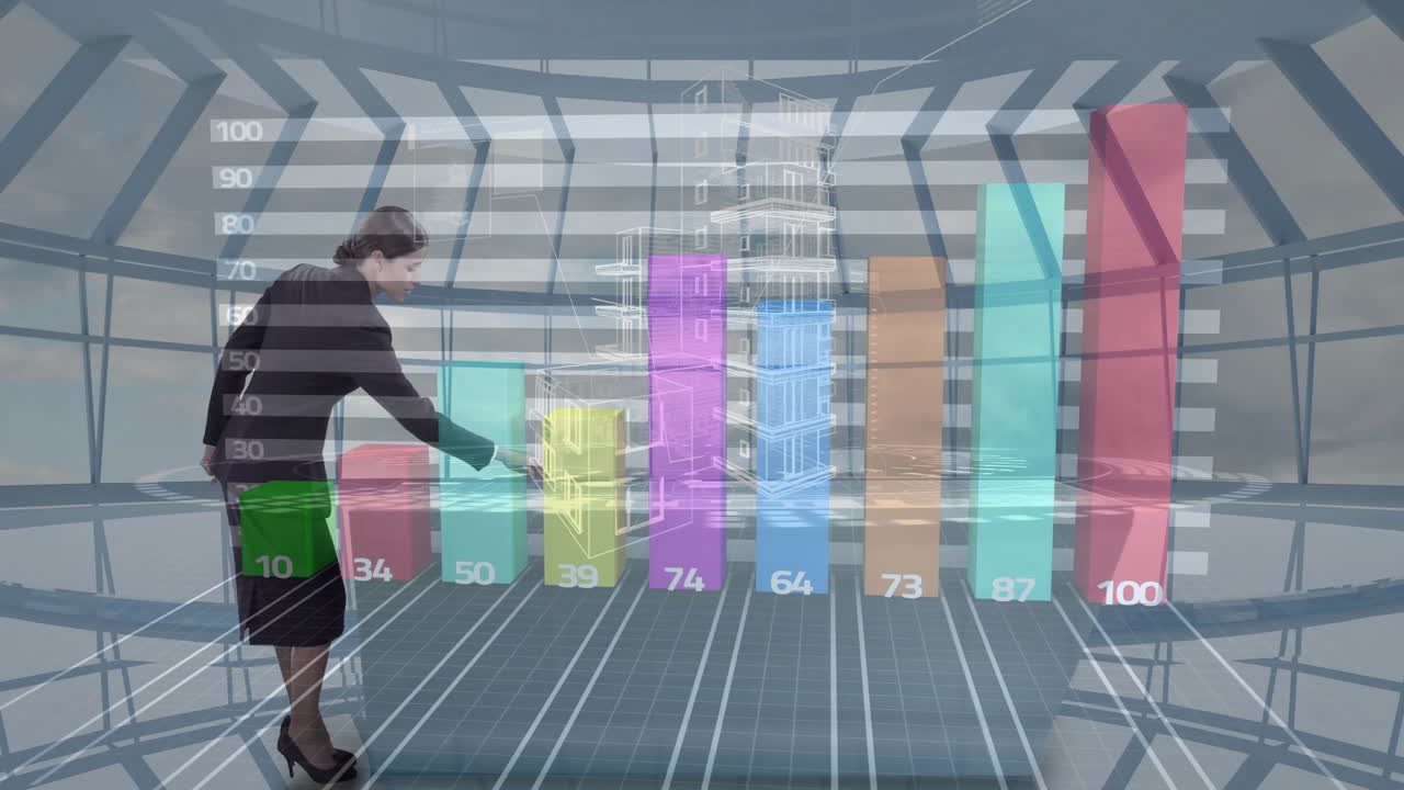Analyzing colorful bar graph, businesswoman in futuristic office with animation