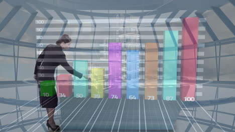 Analyzing colorful bar graph, businesswoman in futuristic office with animation