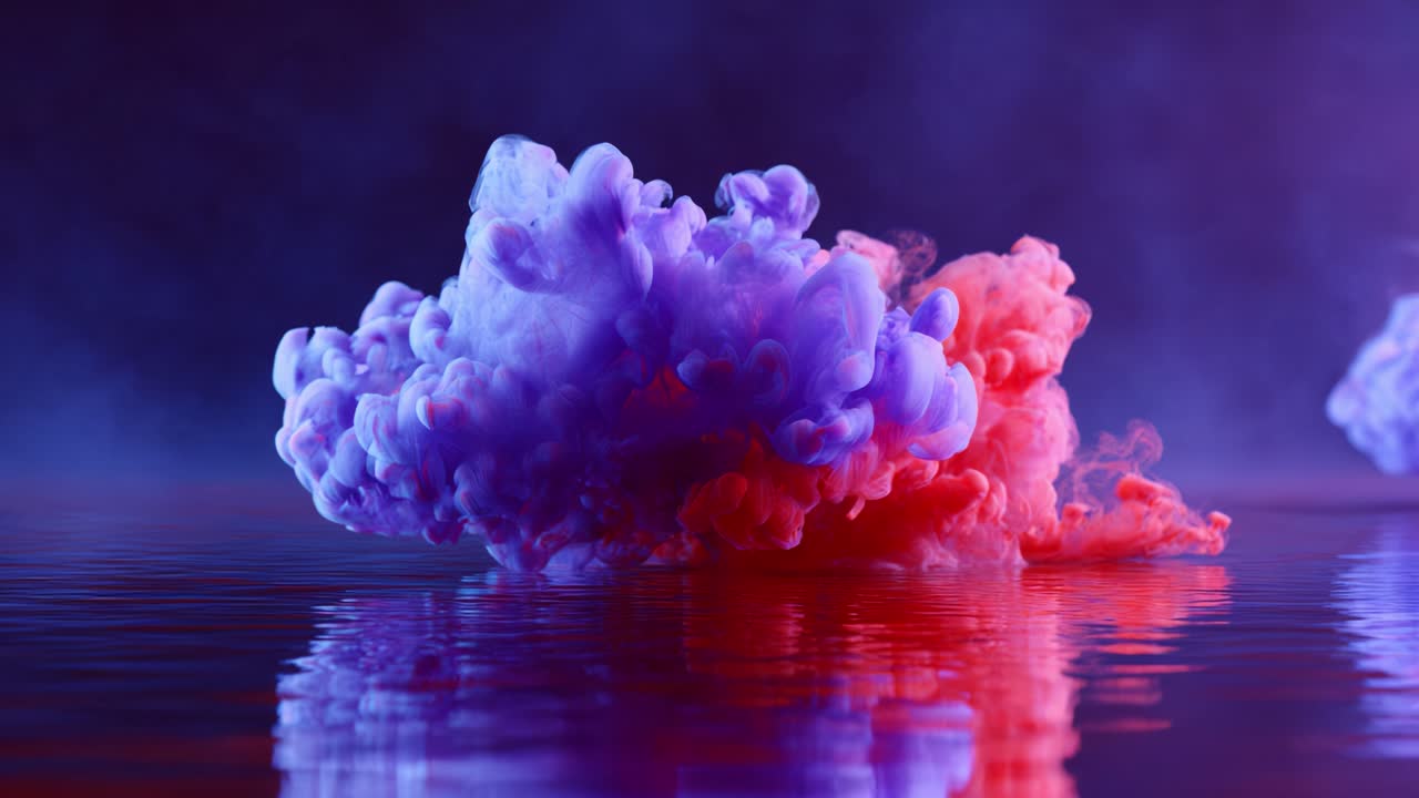 A Stunning Display of Vibrant Smoke Waves Reflecting on Water, Capturing an Ethereal Scene of Colorful Fluid Dynamics in a Dreamlike Atmosphere