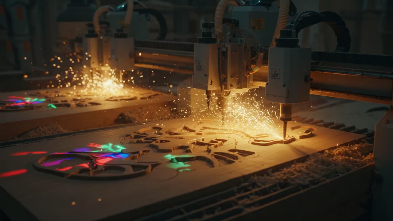Dynamic Precision in Woodworking: A Glimpse of High-Tech CNC Machines Transforming Designs with Laser-Like Precision and Spectacular Sparks in a Workshop Setting
