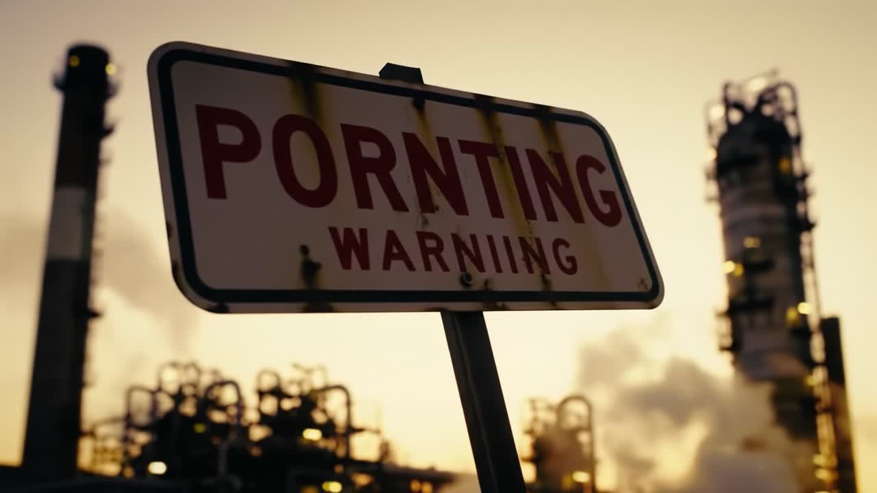 Industrial Warning Sign Highlighting Safety Protocols in a Manufacturing Environment with Atmospheric Background and Structures Underneath a Dusk Sky