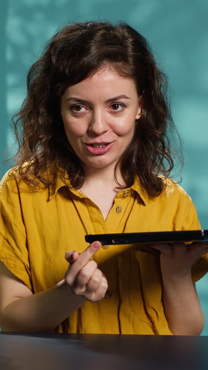 Donna che presenta entusiasticamente un laptop in uno studio