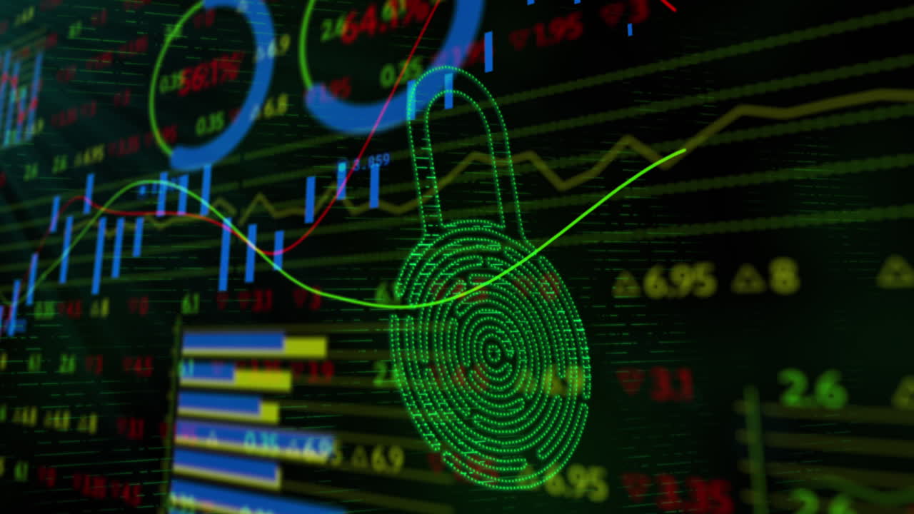 la animación digital fusiona los datos de las existencias y la seguridad biométrica en una interfaz financiera global.