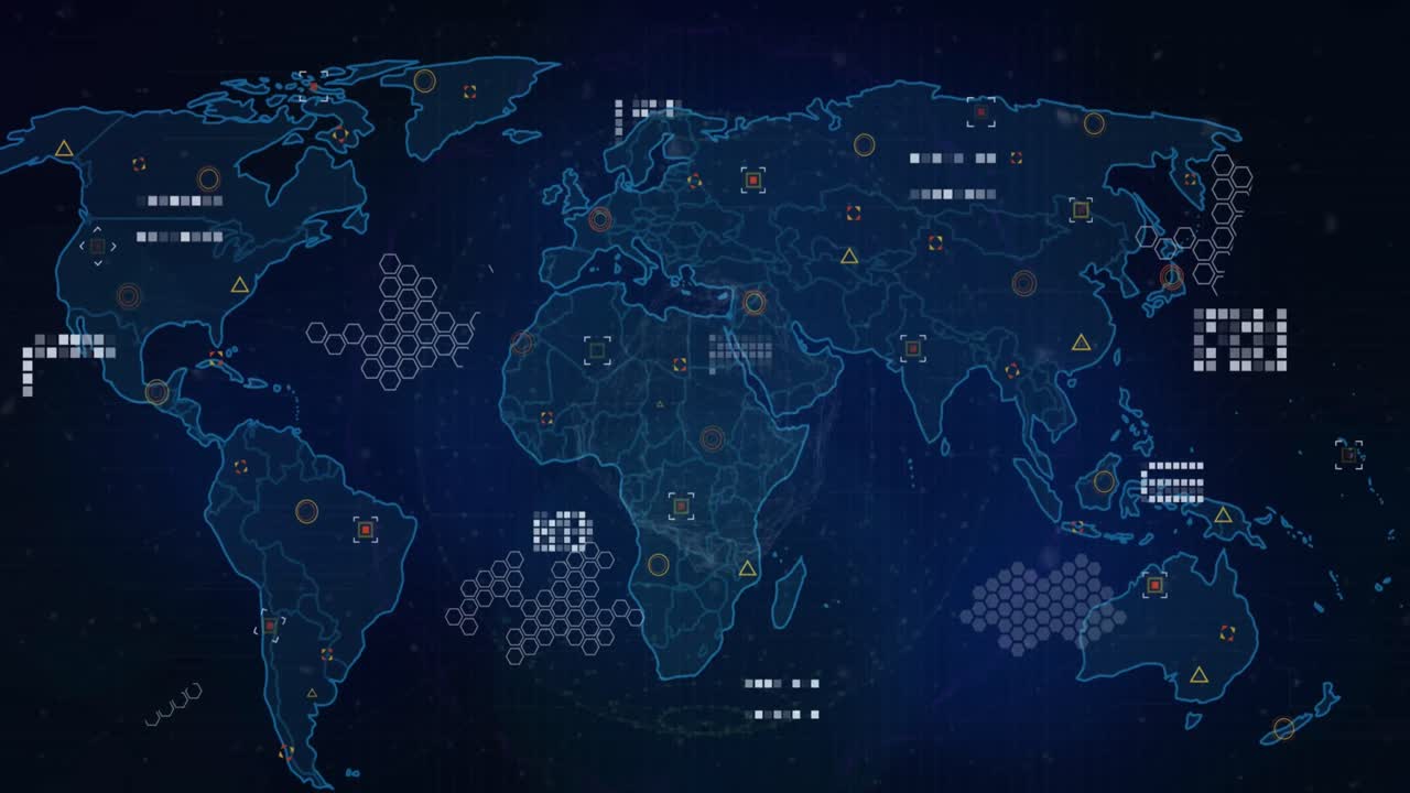 Animation of world map over globe of network of connections spinning against blue background