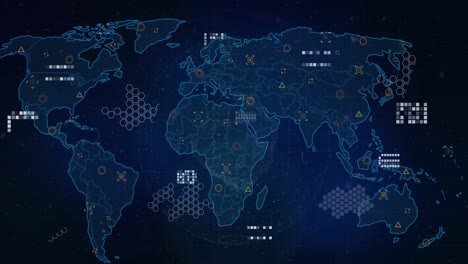 Animation-Der-Weltkarte-über-Dem-Globus-Des-Netzwerks-Von-Verbindungen,-Der-Sich-Vor-Blauem-Hintergrund-Dreht