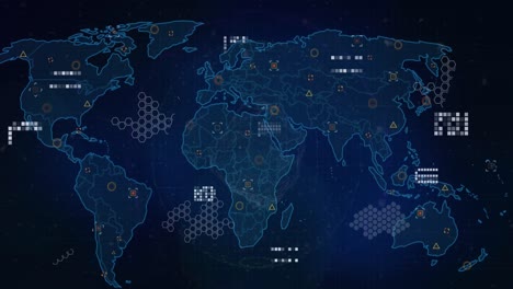 animation d'une carte du monde sur le globe d'un réseau de connexions tournant sur un fond bleu