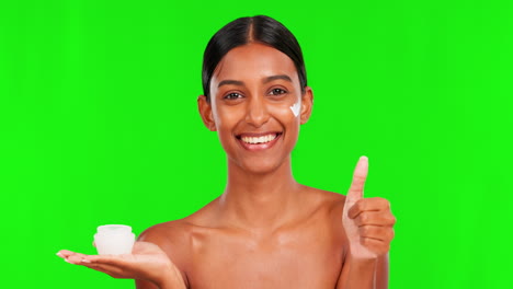 belleza, crema y pulgares hacia arriba con una mujer