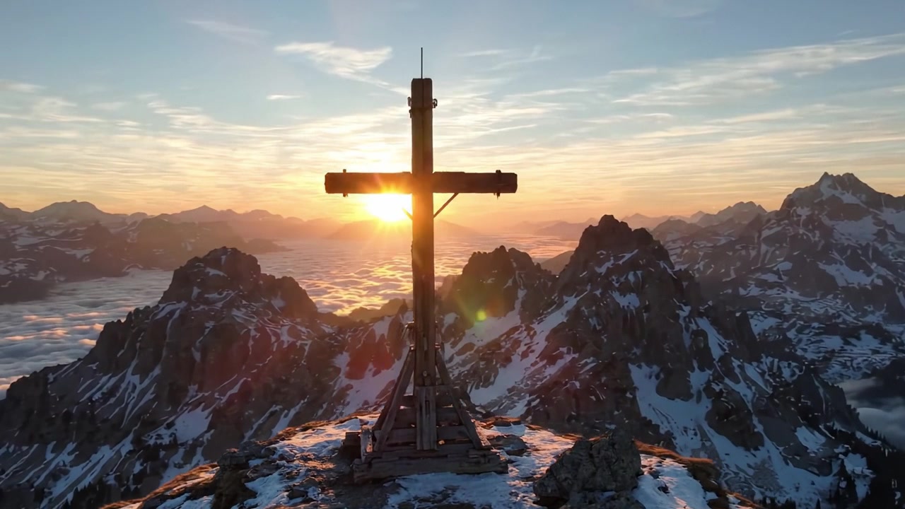 En fantastisk soloppgang over majestetiske fjelltopper, med et fremtredende trekors på toppen, som skaper en slående kontrast mot den gylne himmelen og det snødekte landskapet