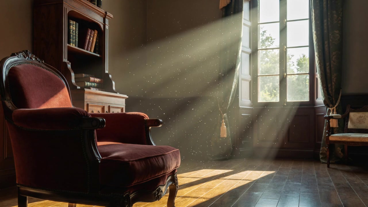 Raggi di sole che filtrano attraverso una finestra aperta illuminano una poltrona rossa in uno studio, mostrando particelle di polvere che fluttuano