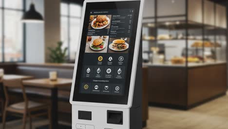 an interactive digital menu kiosk displaying delicious food options in a modern dining environment, enhancing the dining experience with technology