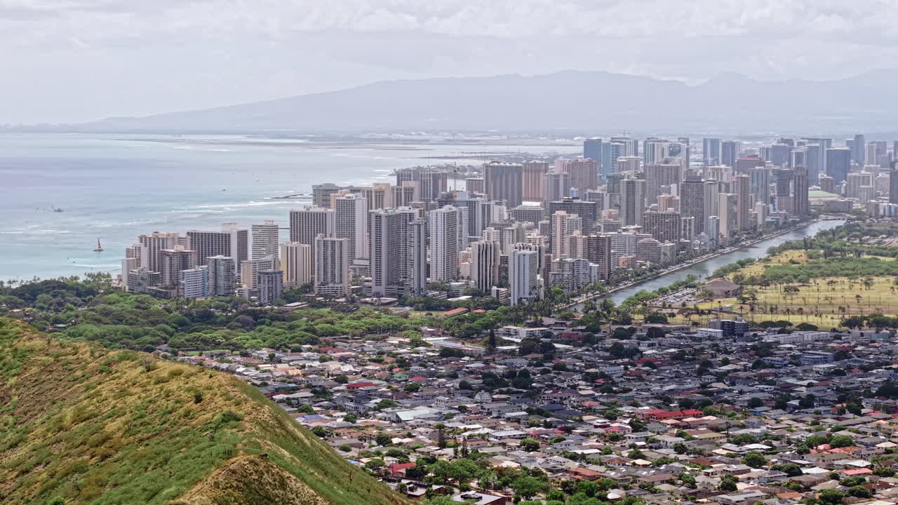 Aerial View of Honolulu, Hawaii USA From Diamond Head Tuff Cone, Volcanic Ridgeline and Cityscape