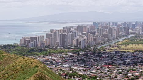 aerial view of honolulu, hawaii usa from diamond head tuff cone, volcanic ridgeline and cityscape