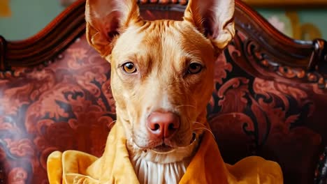 a dog wearing a yellow jacket sitting in a chair