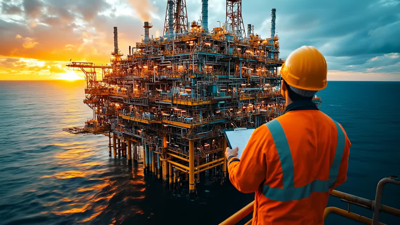 Offshore olieplatform ved levende solnedgang over havet. Industriel olieplatform i havet under den gyldne time med ingeniør iført hjelm og sikkerhedsvest i forgrunden.