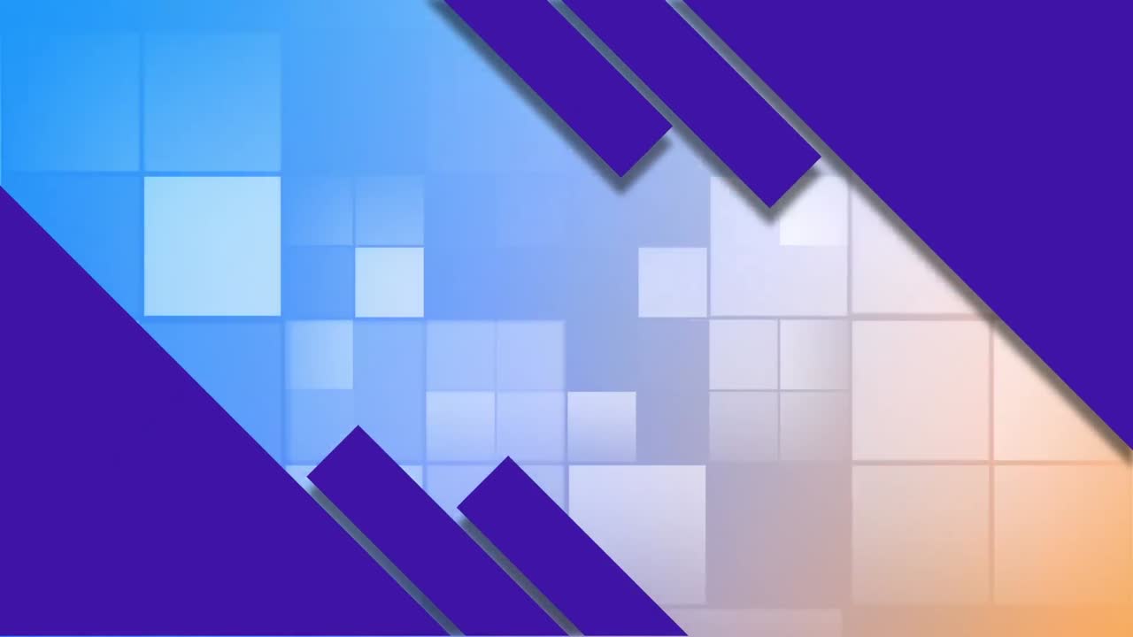animación de bloques azules diagonales sobre cuadrados pulsantes de luz sobre fondo azul y naranja