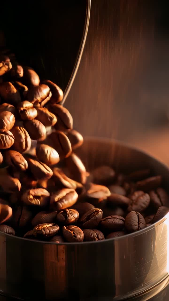 Vertikal video: En mand hælder ristede kaffebønner i en flad dåse i et studie, så dåsen fyldes op