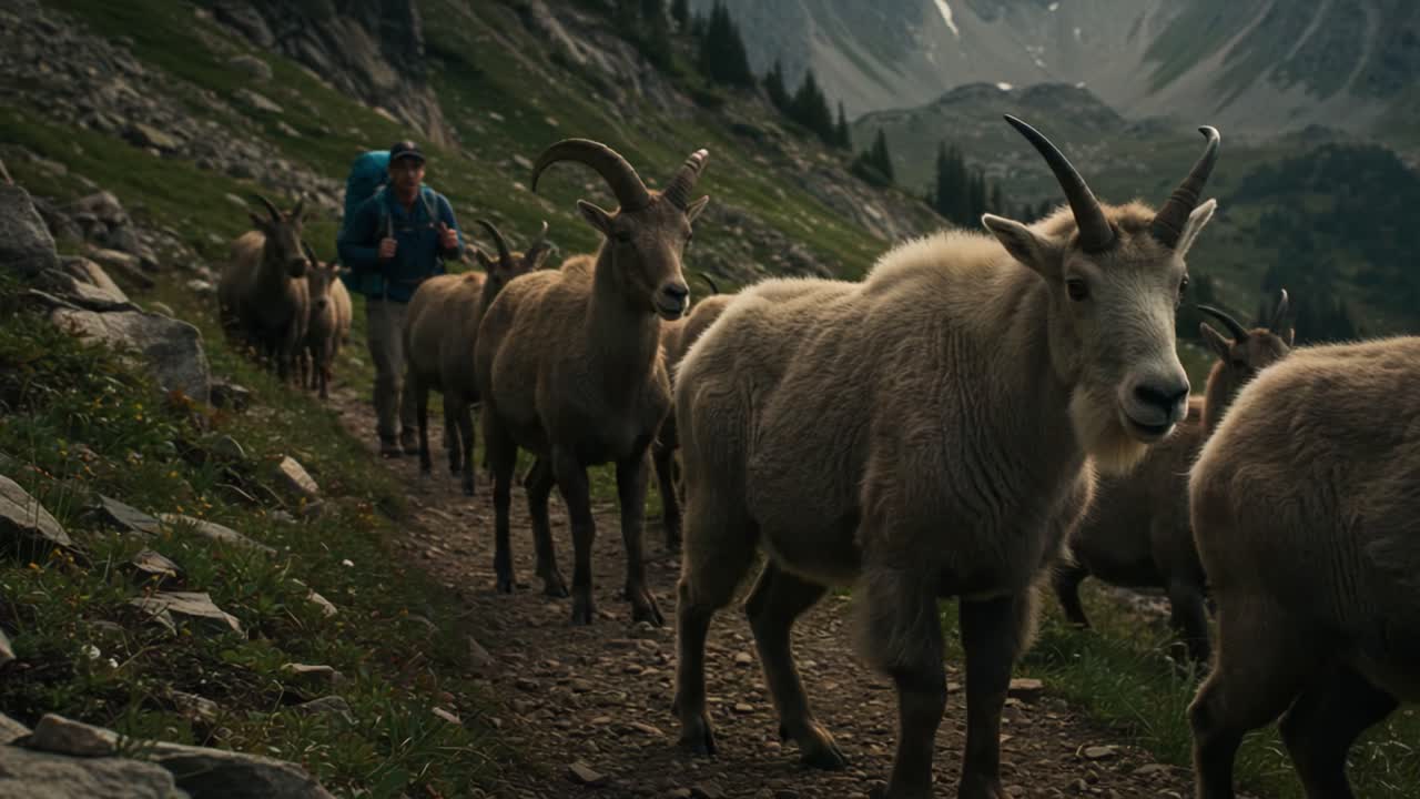 En vandrer navigerer på en bjergsti omgivet af en flok bjerggeder midt i betagende natur i hjertet af naturens pragt.