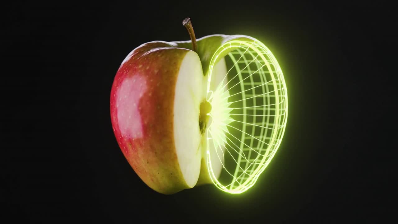 Fremkommende neongrøn wireframe skærer æble i mørkt studie, afslører kernehus, frø, glødende gitter
