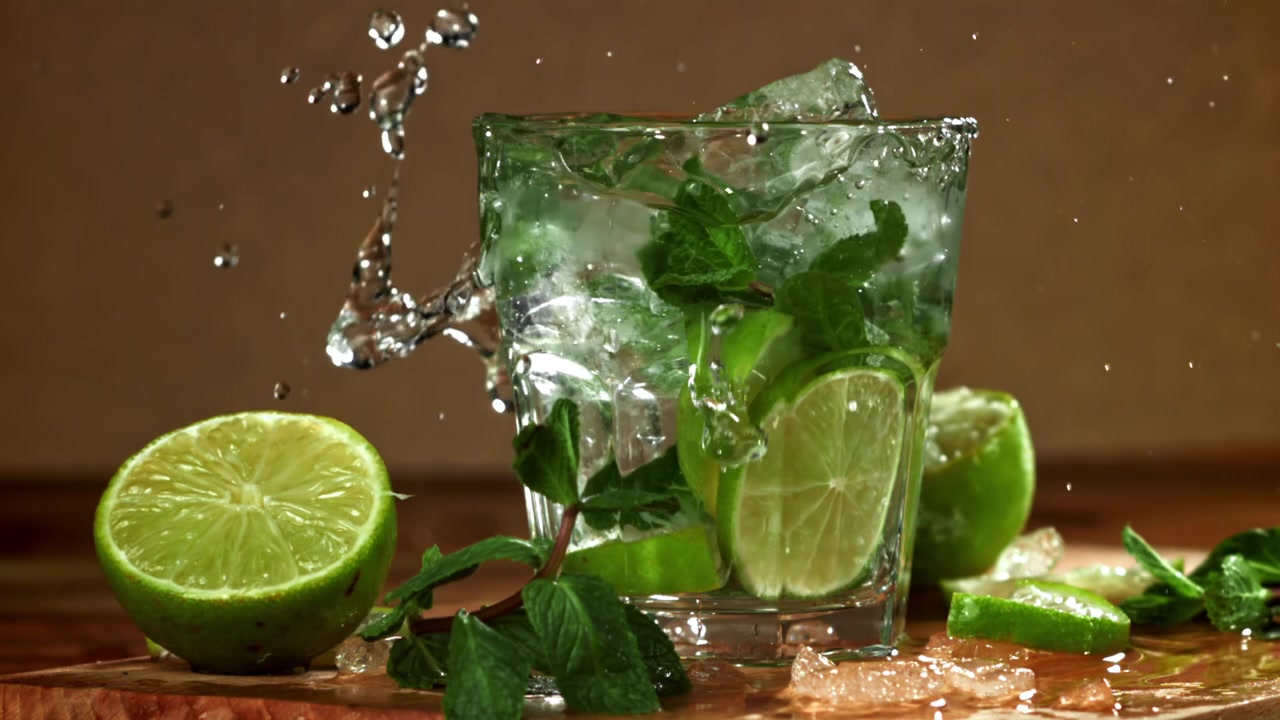 Virkistävä Mojito-cocktail limellä ja mintulla ja roiskuvalla jäällä
