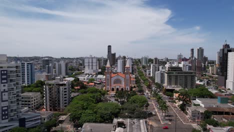 aerial takes of the center of chapecó santa catarina, passing by the cathedral santo antonio