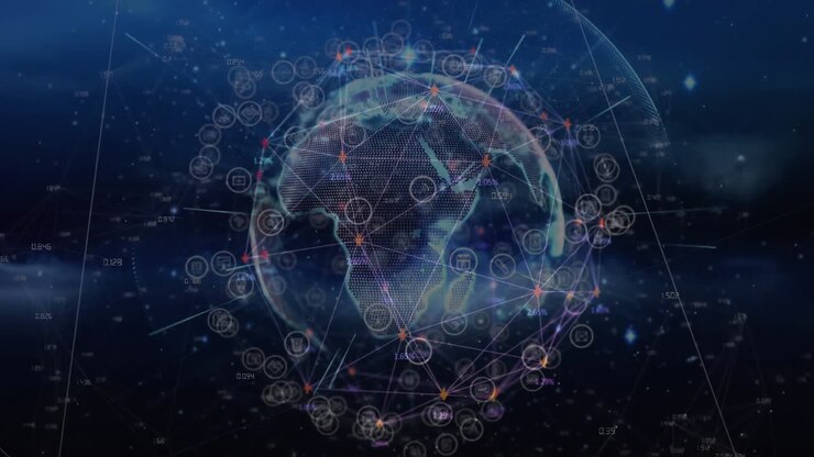 Animation of network of connections with icons over globe