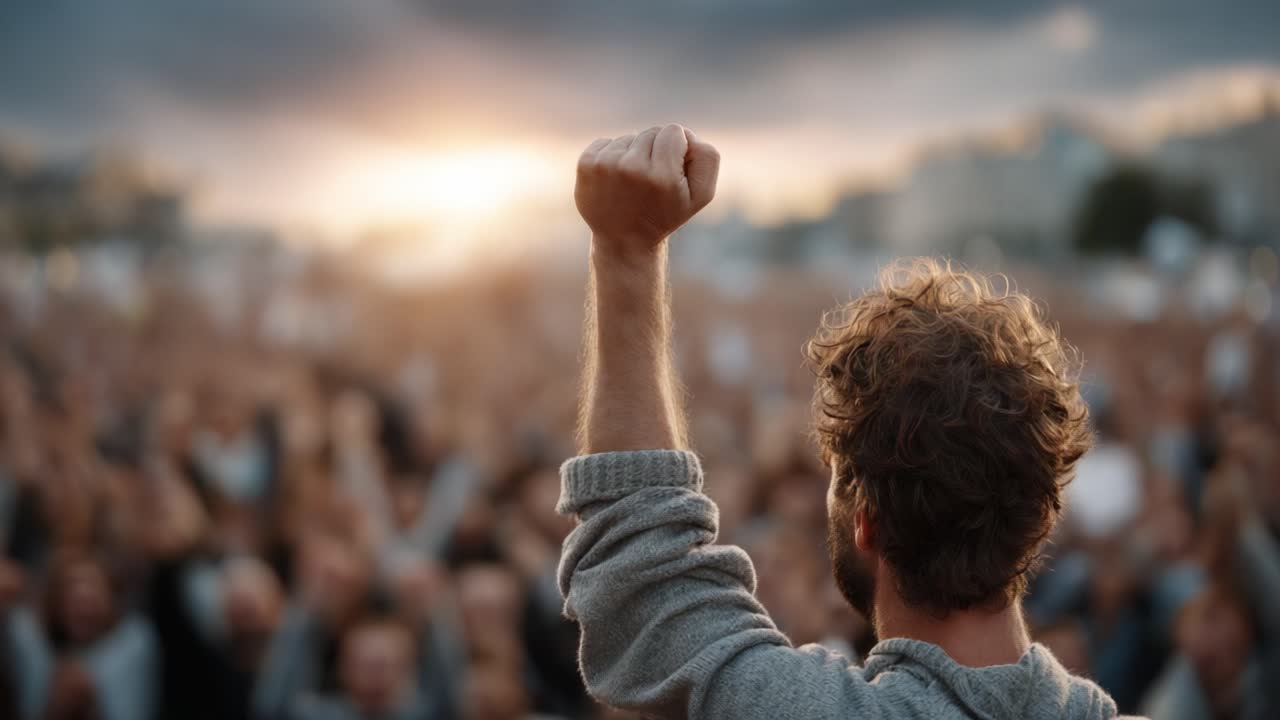 A Powerful Symbol of Unity and Resistance: A Person Raises a Fist Amidst a Sea of Supporters in a Passionate Expression of Hope and Collective Strength