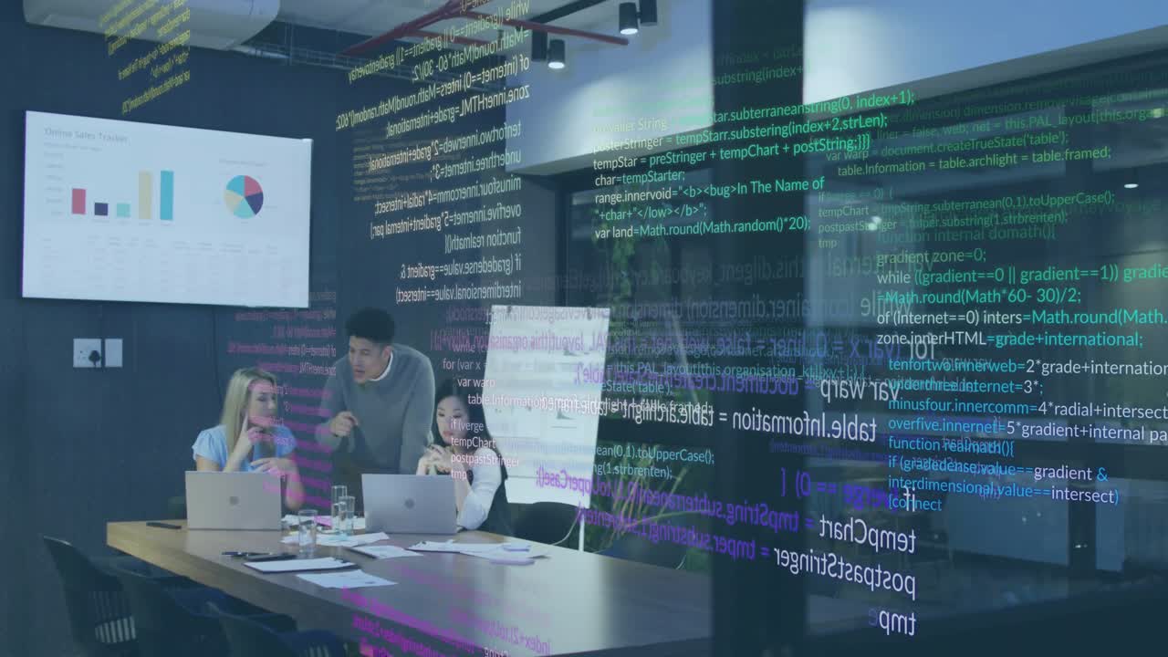 Animation of financial data processing over diverse business people in office