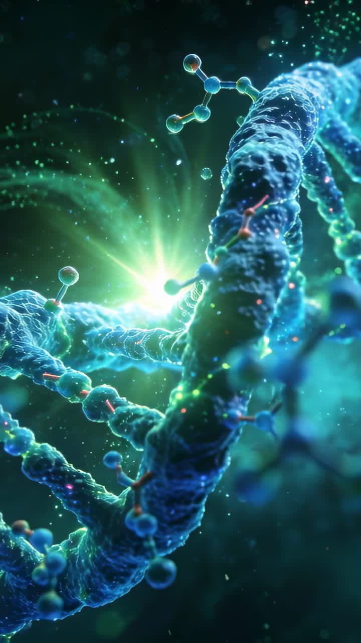 Pystyvideo: Kamera lähentää, näyttäen DNA-kaksoiskierteen yksityiskohtia turkoosinvihreänä, jossa on vihreää hohtoa, solmuja ja pisteitä.