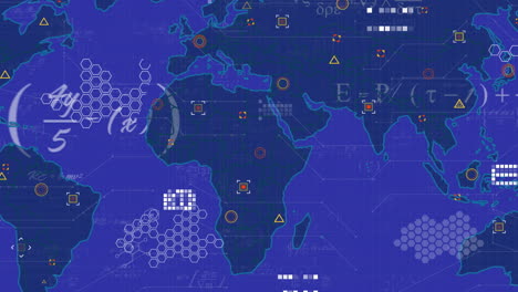 Animación-De-Ecuaciones-Matemáticas,-Patrón-De-Placa-De-Circuito-En-El-Mapa-Sobre-Fondo-Azul