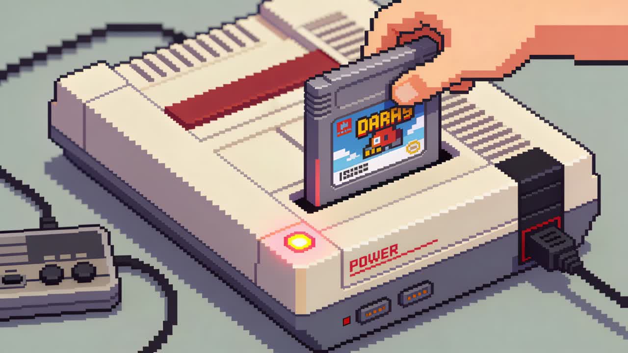 Inserindo a mão, guiando cartucho no slot de console retrô sobre a mesa, luz de energia brilhando, começando a jogar.